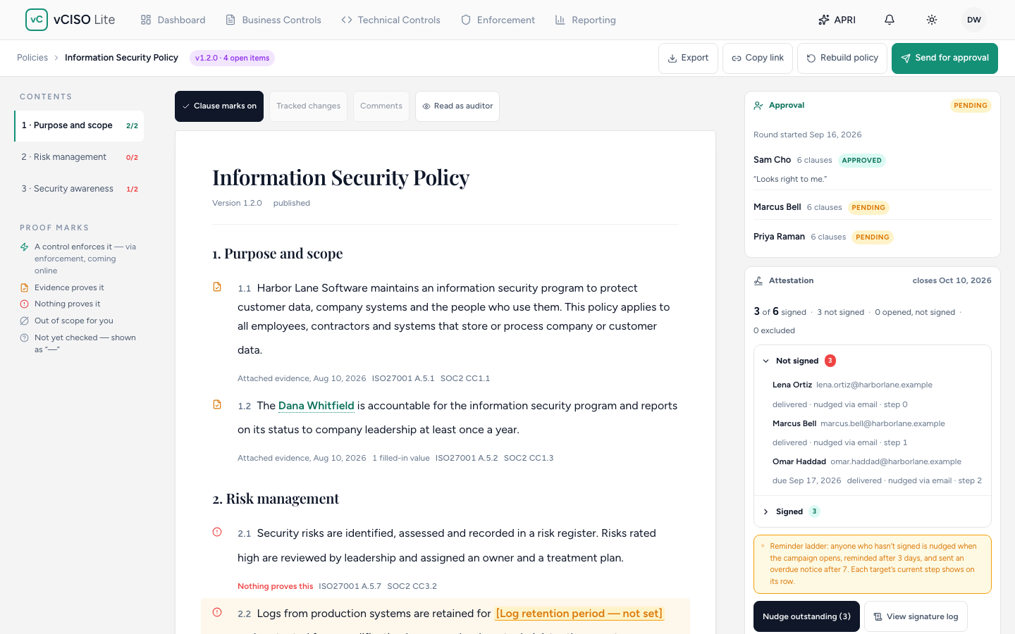 The approval and attestation cards on a policy, showing each approver's status, how many people have signed, who has not yet responded, and the option to nudge or open the signature log.
