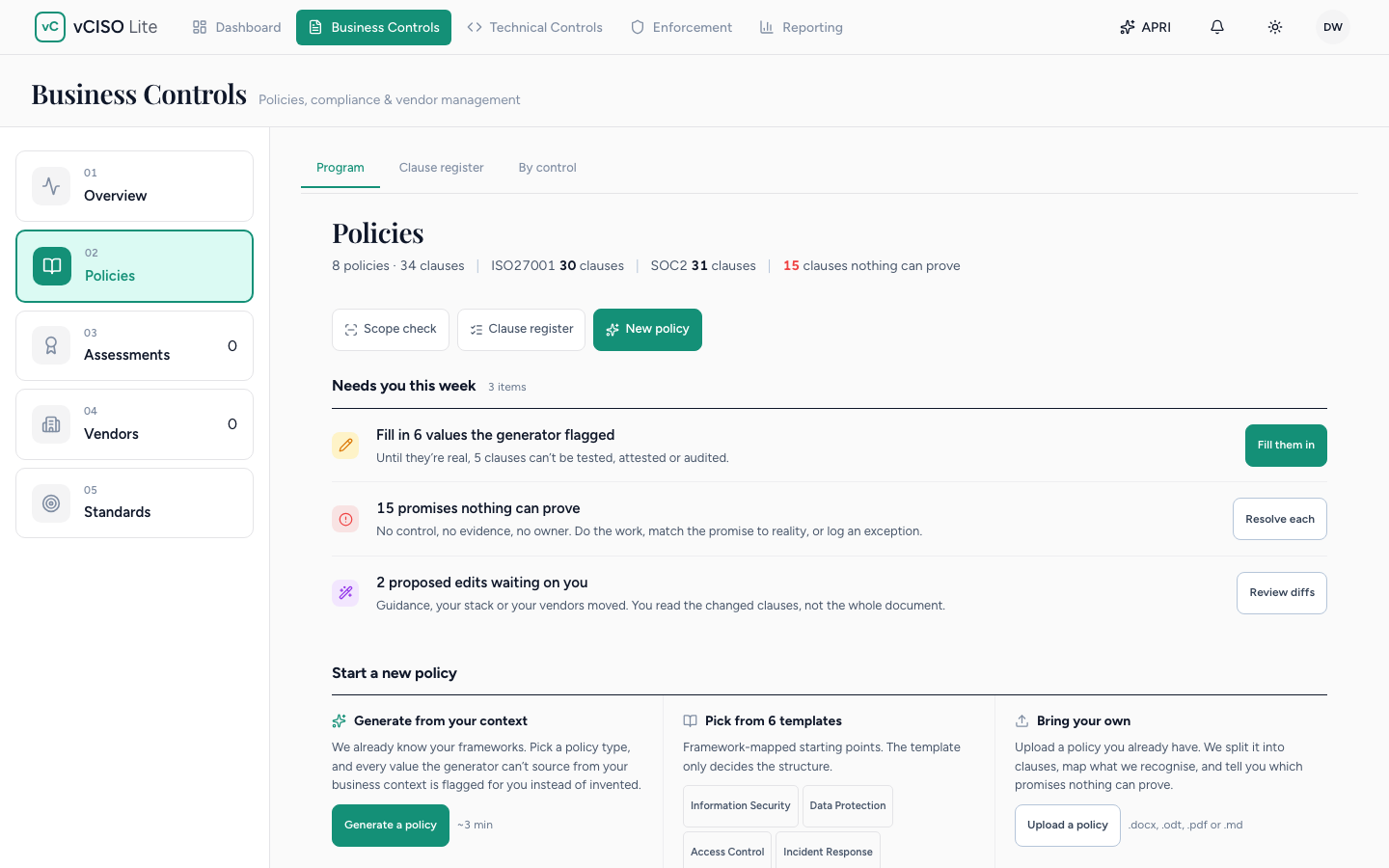 The Policies program page in Business Controls, showing policy and clause counts, what needs attention this week, and ways to start a new policy.