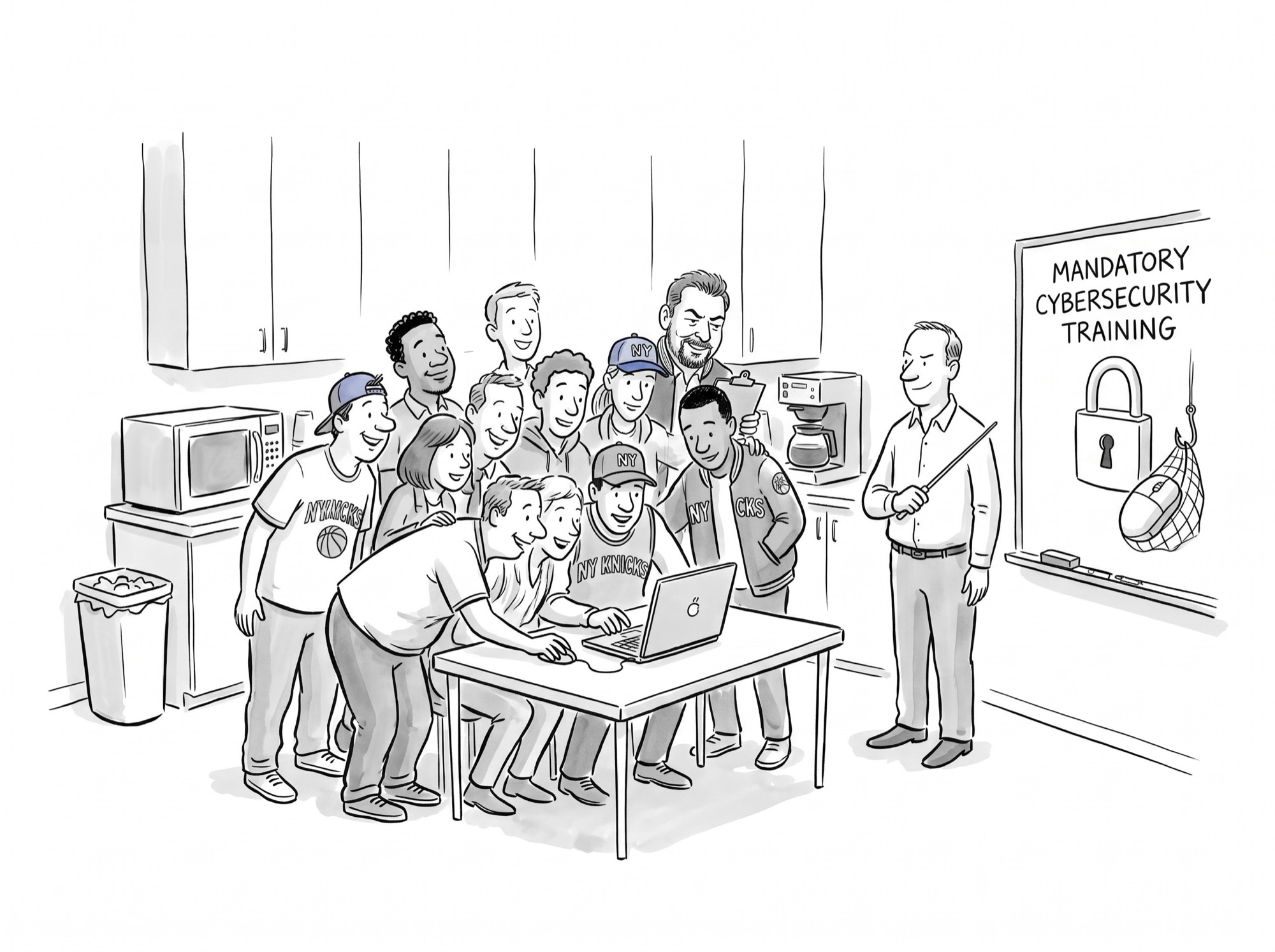 A New Yorker-style break-room cartoon. A crowd of Knicks fans in team jerseys and caps huddles around a laptop with excited faces. A smug figure in the background holds a clipboard. On the right wall, a smiling instructor points to a chalkboard reading MANDATORY CYBERSECURITY TRAINING, with a padlock and a mouse caught in a net drawn beside it.