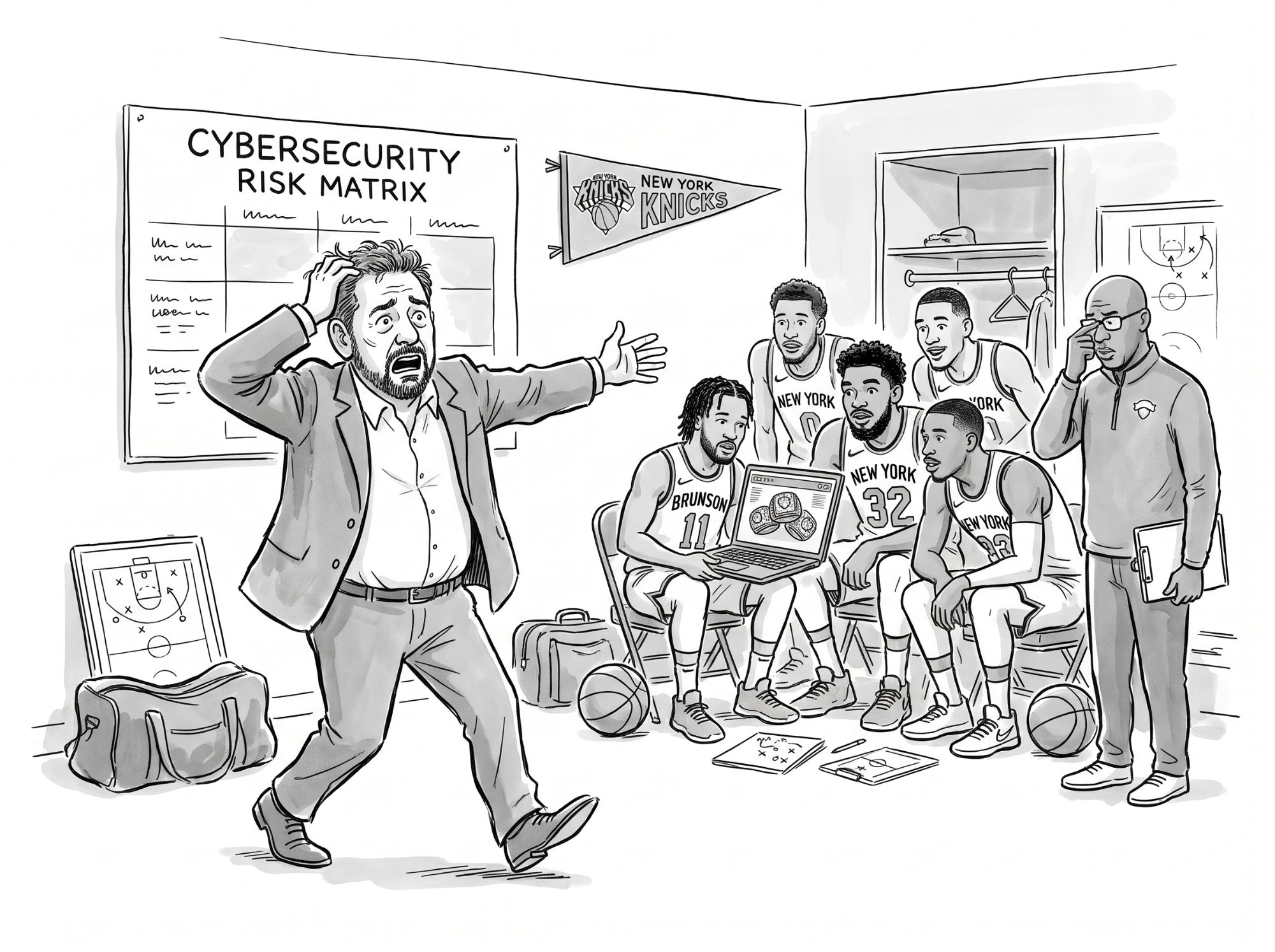 A New Yorker-style locker-room cartoon. An owner in a suit clutches his head in panic beside a wall chart labeled CYBERSECURITY RISK MATRIX, arm flung toward a group of Knicks players huddled around a laptop showing championship rings, while a coach behind them pinches the bridge of his nose.